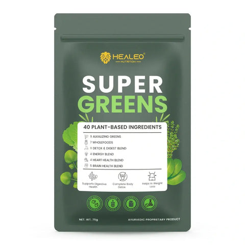 Super Greens by Healeo Nutrition, a green powder blend of 40+ plant ingredients for daily digestive and detox support