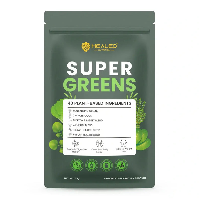 Super Greens by Healeo Nutrition, a green powder blend of 40+ plant ingredients for daily digestive and detox support