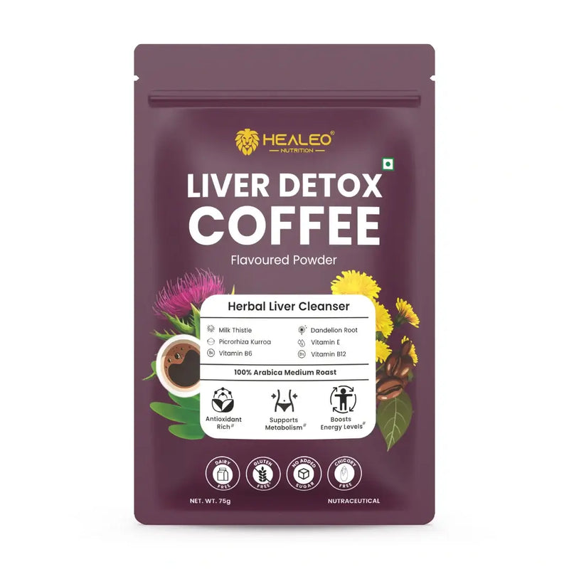Healeo Liver Detox Coffee - 75 g pouch of herbal liver cleanser flavoured powder with milk thistle, dandelion root, picrorhiza kurroa and vitamins B6, B12 and C, 100% Arabica medium roast