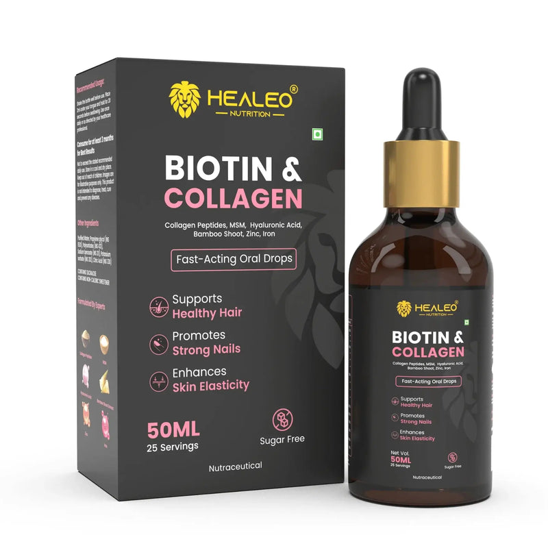 Biotin and Collagen Drops by Healeo Nutrition, a liquid supplement for hair, nails and skin