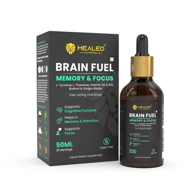 Healeo Brain Fuel Memory and Focus drops - 50 ml bottle with box, a sugar-free liquid nootropic with L-tyrosine, L-theanine, vitamin B6 and B12, brahmi and ginkgo biloba, 25 servings