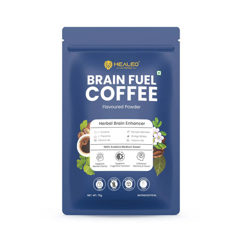 Brain Fuel Coffee by Healeo Nutrition, a 75 g instant herbal coffee powder for focus, memory and mental stamina