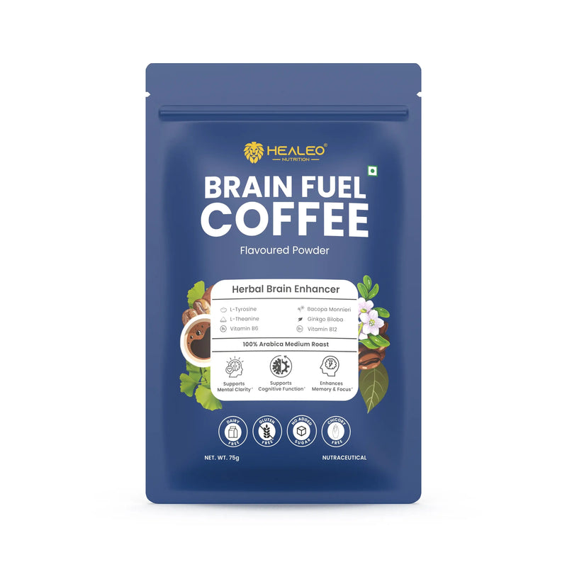 Brain Fuel Coffee by Healeo Nutrition, a 75 g instant herbal coffee powder for focus, memory and mental stamina