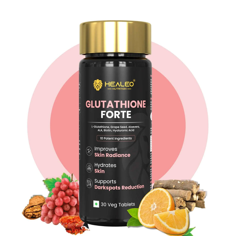 Glutathione Forte by Healeo Nutrition, a skin supplement with 99% pure L-glutathione, saffron and hyaluronic acid for even tone and brightness
