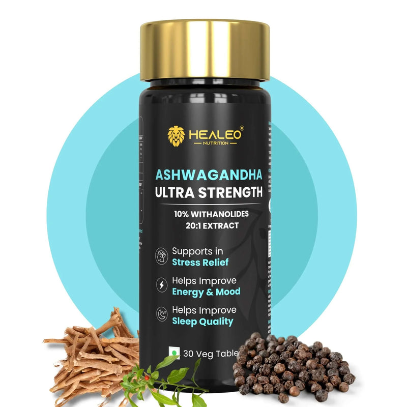 Ashwagandha Ultra Strength by Healeo Nutrition, a herbal supplement for stress, anxiety and steady energy