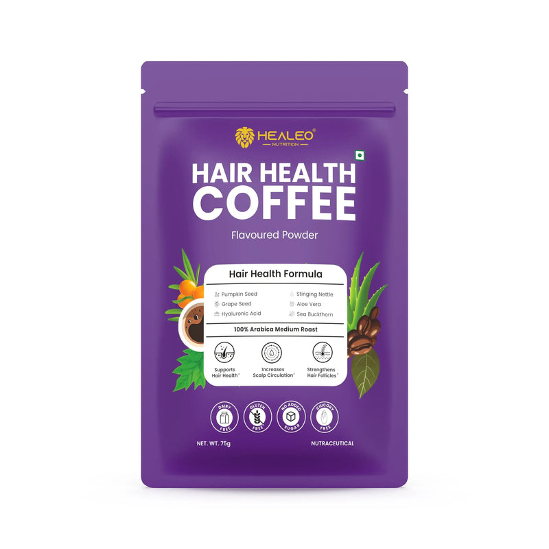 Hair Health Coffee by Healeo Nutrition, an instant herbal coffee powder for thinning hair and scalp comfort