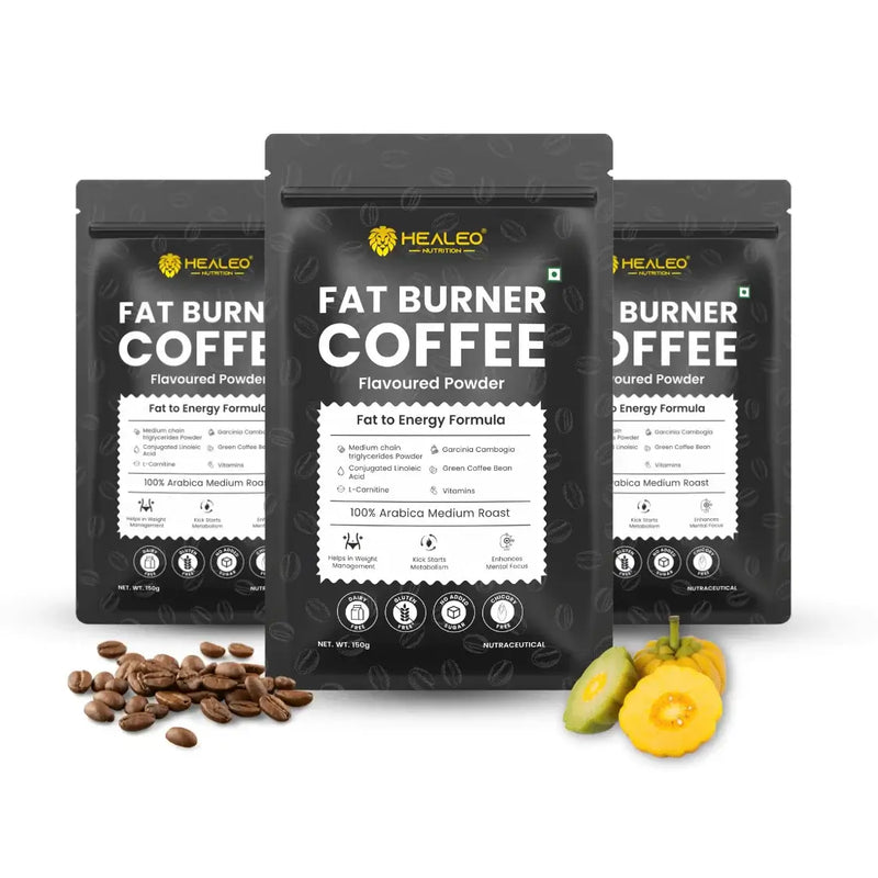 Fat Burner Coffee pack of three by Healeo Nutrition, a 90-day course of instant flavoured coffee powder for weight management