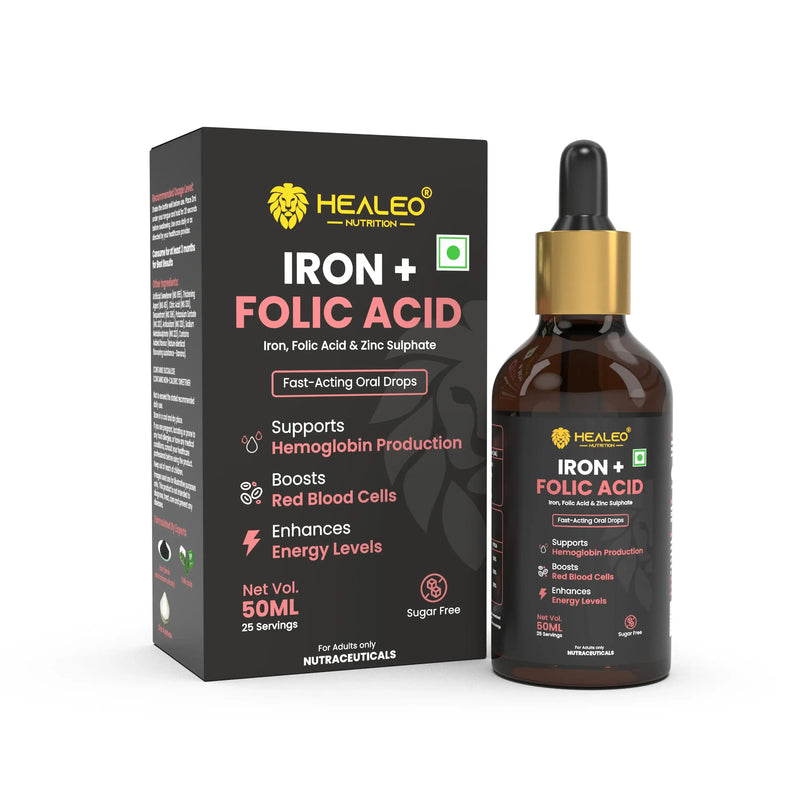 Iron and Folic Acid Drops by Healeo Nutrition, a liquid iron supplement for fatigue and low haemoglobin