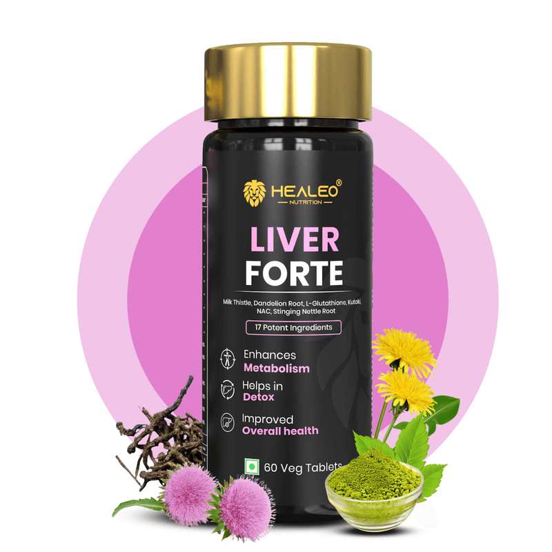 A bottle of Healeo Nutrition Liver Forte dietary supplement, featuring a black bottle with a gold cap, surrounded by herbal ingredients like dandelion, milk thistle, and green powder on a white background with pink circular accents.