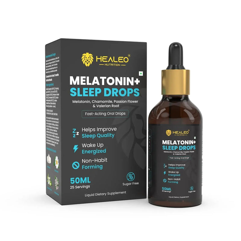 Melatonin+ Sleep Drops by Healeo Nutrition, a liquid sleep supplement to help you fall asleep and stay asleep