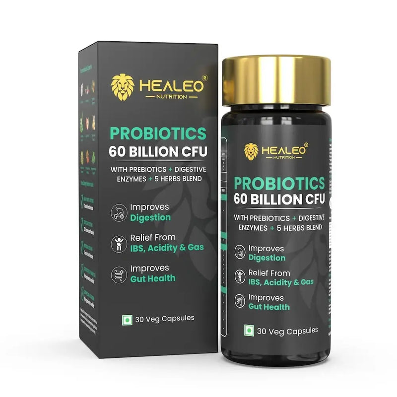 Healeo Probiotics 60 Billion CFU carton and bottle, 30 veg capsules, to improve digestion, give relief from IBS, acidity and gas, and improve gut health.
