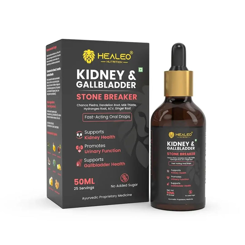 Kidney and Gallbladder Stone Breaker Drops by Healeo Nutrition, a herbal liquid supplement for kidney and gallbladder stone support