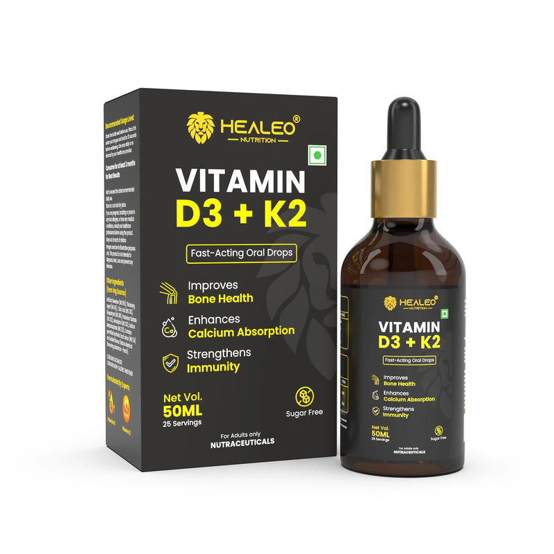 Vitamin D3 with K2 Drops by Healeo Nutrition, a liquid supplement for bone strength and immunity